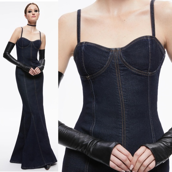 Alice + Olivia Natacha Godet Maxi Denim Dress In Dark Rinse - 2 - Picture 7 of 7